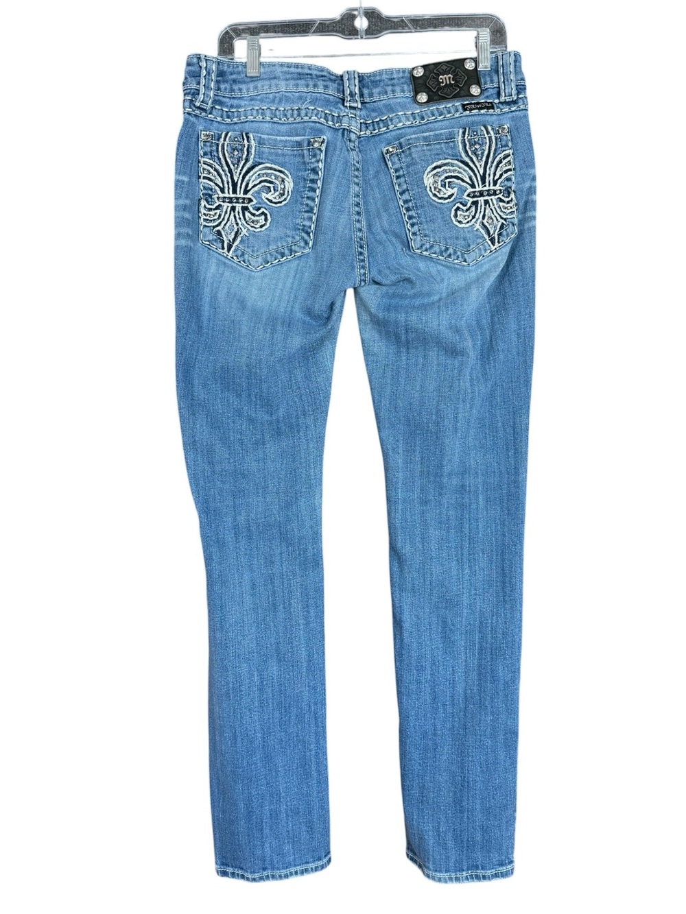Miss Me Fleur de Lis Rhinestone Low Rise Slim Straight Jeans Medium Wash 31